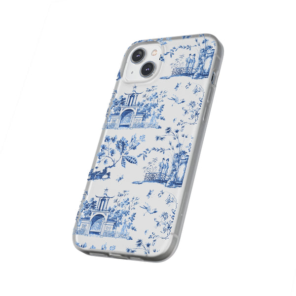 Flexible Phone Case - Chinoiserie Blue and White Toile Pagoda iPhone Samsung, White Background with Blue Toile Pattern