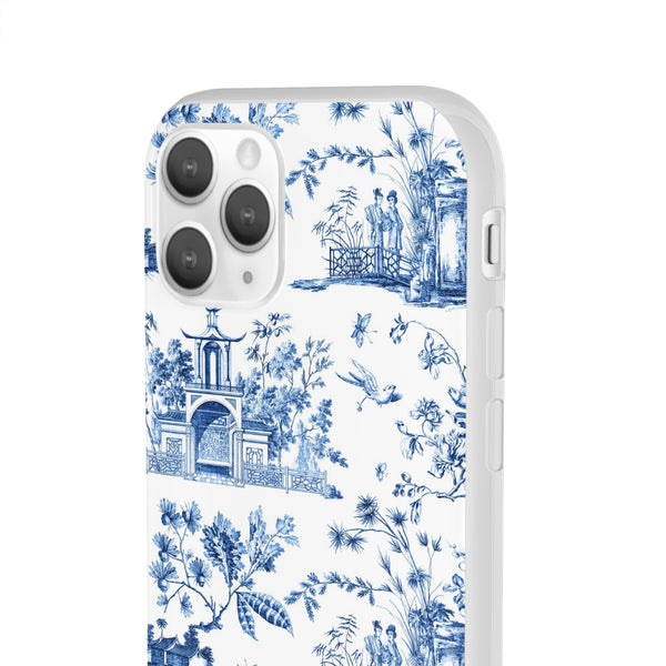 Flexible Phone Case - Chinoiserie Blue and White Toile Pagoda iPhone Samsung, White Background with Blue Toile Pattern