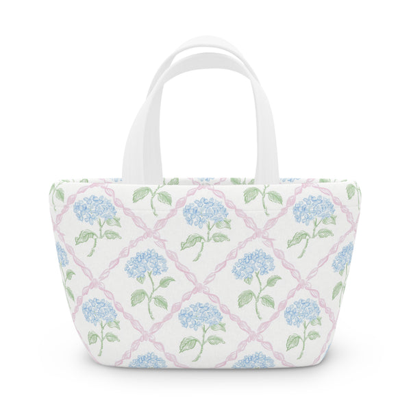 Preppy Blue Hydrangea pink ribbon lattice lunch bag, insulated, cooler bag, One size, washable, magnet closure