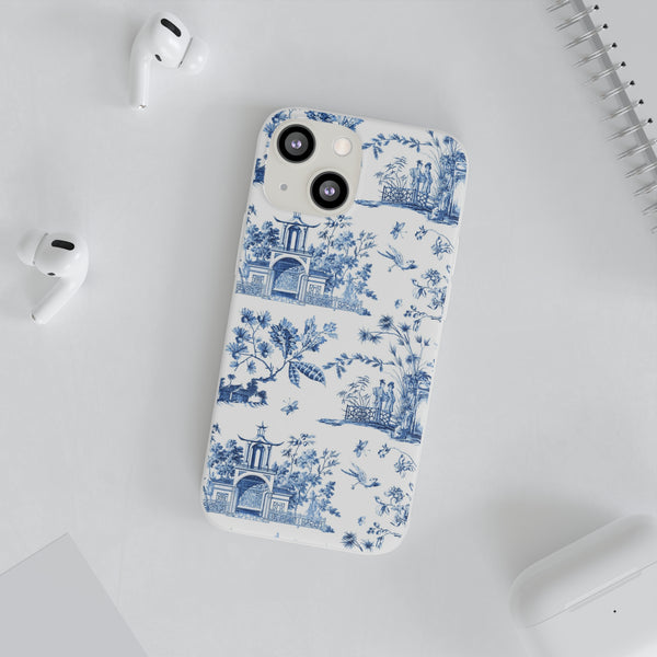 Flexible Phone Case - Chinoiserie Blue and White Toile Pagoda iPhone Samsung, White Background with Blue Toile Pattern