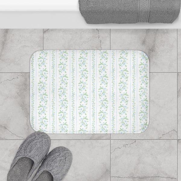 Bath Mat Chinoiserie Stripes Blue + Green , Two Sizes, anti-slip back