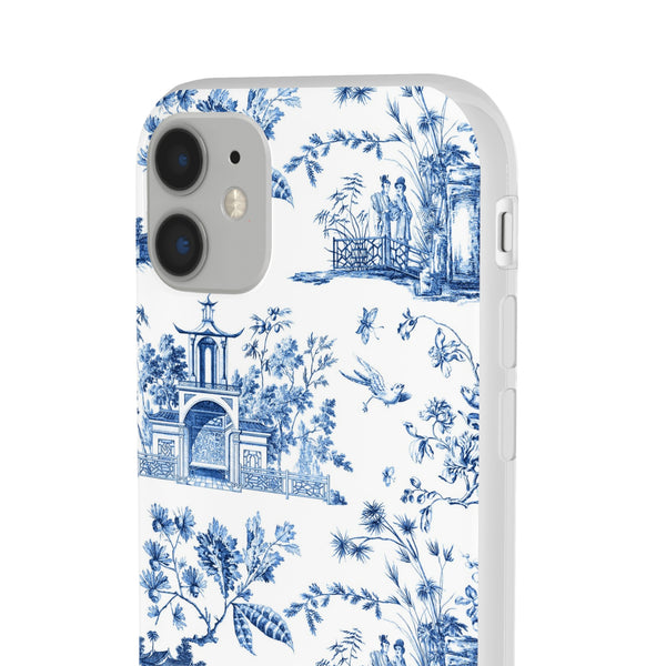 Flexible Phone Case - Chinoiserie Blue and White Toile Pagoda iPhone Samsung, White Background with Blue Toile Pattern