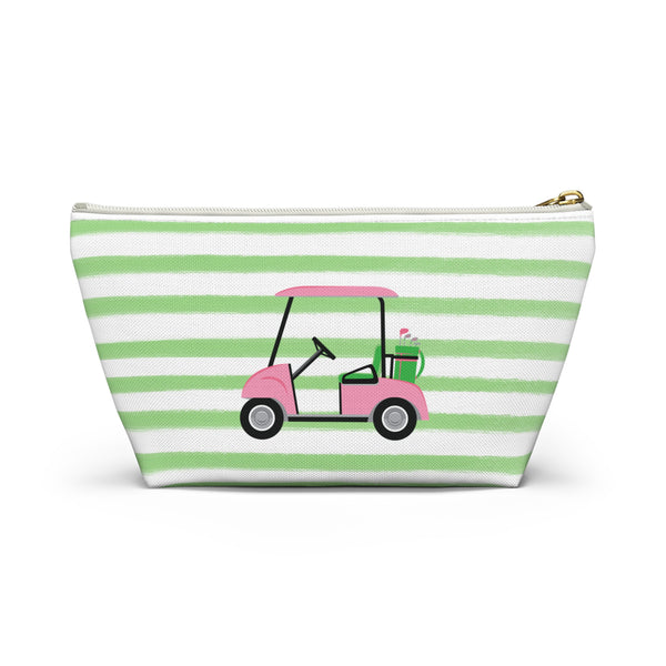 Golf Cart - Preppy Stripes Accessory Zip Pouch Available in Two Sizes - White Canvas, gold zipper Golf lover gift, Golf team gift
