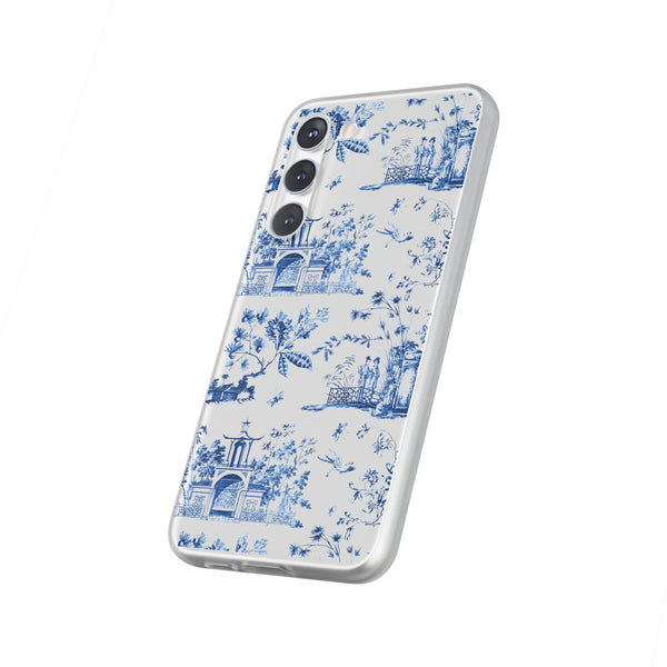 Flexible Phone Case - Chinoiserie Blue and White Toile Pagoda iPhone Samsung, White Background with Blue Toile Pattern