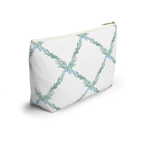 Zipper Pouch, Preppy Lattice Blue Bows - Accessory Bag Available in Two Sizes