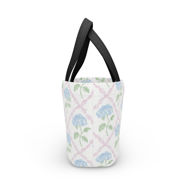 Preppy Blue Hydrangea pink ribbon lattice lunch bag, insulated, cooler bag, One size, washable, magnet closure