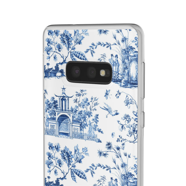 Flexible Phone Case - Chinoiserie Blue and White Toile Pagoda iPhone Samsung, White Background with Blue Toile Pattern