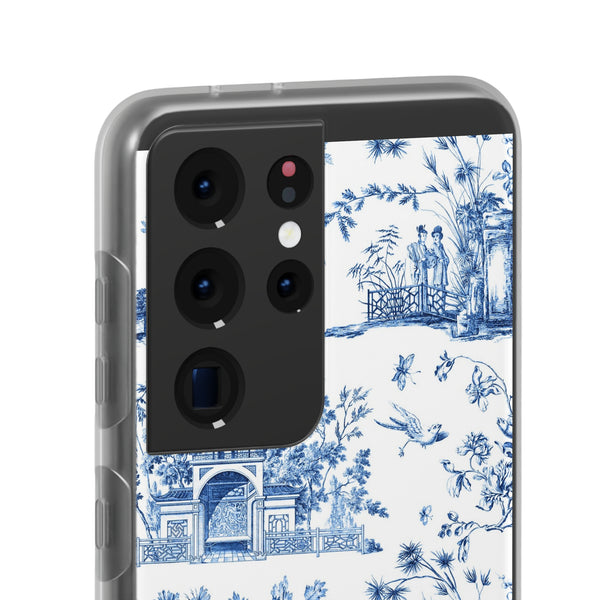 Flexible Phone Case - Chinoiserie Blue and White Toile Pagoda iPhone Samsung, White Background with Blue Toile Pattern