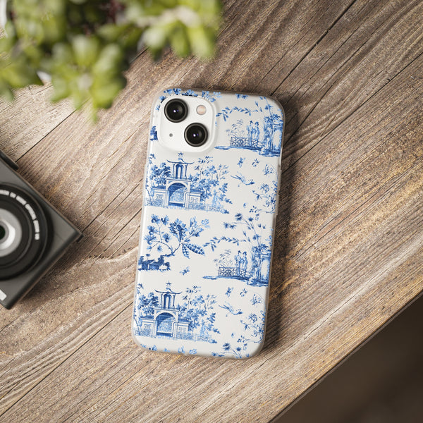 Flexible Phone Case - Chinoiserie Blue and White Toile Pagoda iPhone Samsung, White Background with Blue Toile Pattern