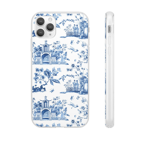 Flexible Phone Case - Chinoiserie Blue and White Toile Pagoda iPhone Samsung, White Background with Blue Toile Pattern