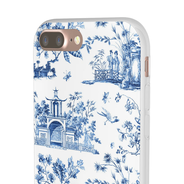 Flexible Phone Case - Chinoiserie Blue and White Toile Pagoda iPhone Samsung, White Background with Blue Toile Pattern
