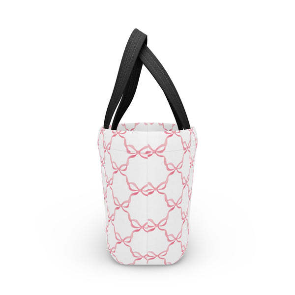 Preppy Pink Bows lunch bag, insulated, cooler bag, One size, washable, magnet closure, Choose White or Black Handle