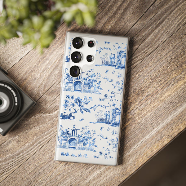Flexible Phone Case - Chinoiserie Blue and White Toile Pagoda iPhone Samsung, White Background with Blue Toile Pattern