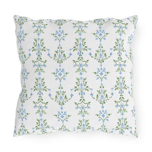 Blue Preppy Floral Outdoor Pillows, Grand Millennial Design, Block Print, Patio Cushion Covers, Choose from 4 Sizes