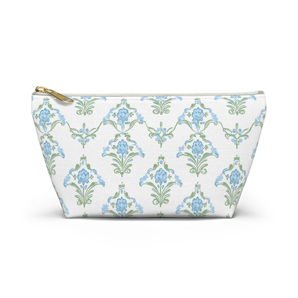 Preppy Block Print Blue and Green - Accessory Zip Pouch Available in Two Sizes - White canvas laminated interior, Grand Millennial style
