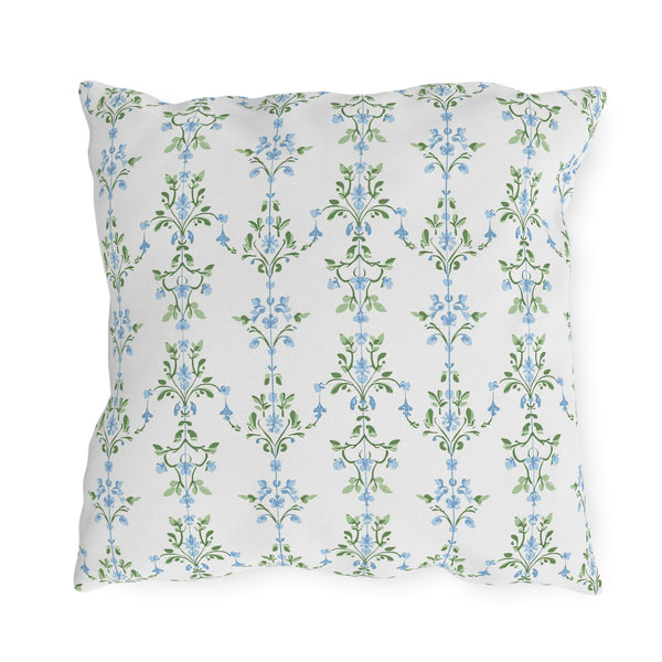 Blue Preppy Floral Outdoor Pillows, Grand Millennial Design, Block Print, Patio Cushion Covers, Choose from 4 Sizes