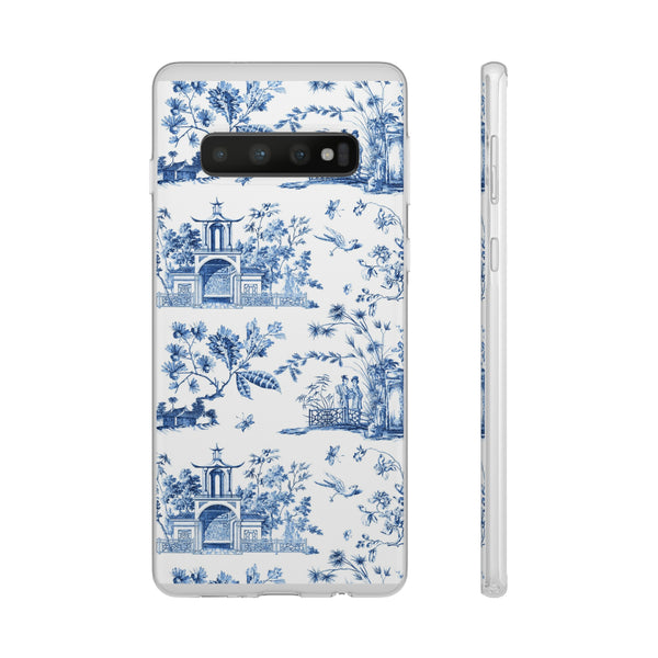 Flexible Phone Case - Chinoiserie Blue and White Toile Pagoda iPhone Samsung, White Background with Blue Toile Pattern