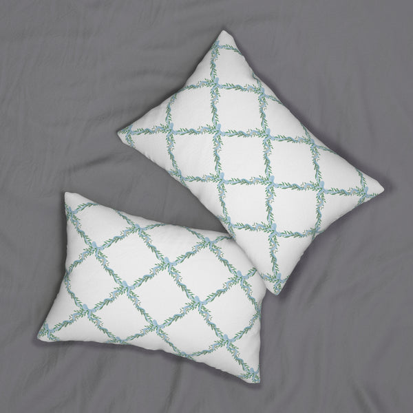 Decorative Lumbar Pillow Lattice Floral Blue Bow,  Preppy Accent with insert , 14" x 20"