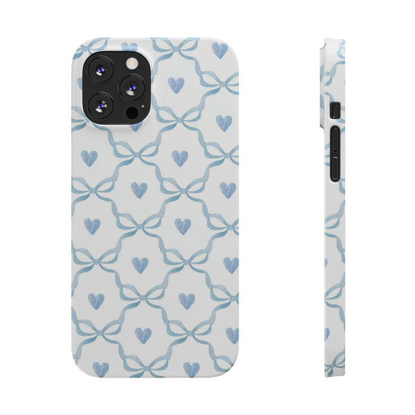 Bow and Heart Collab Print, Coquette blue and white, loveshackfancy inspired, preppy print Phone Case, all iPhone 15 14 Plus Pro Max 13