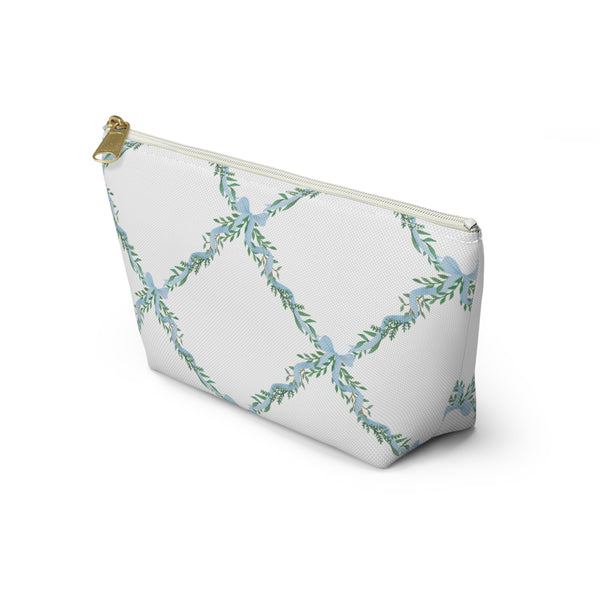 Zipper Pouch, Preppy Lattice Blue Bows - Accessory Bag Available in Two Sizes