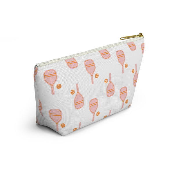 Pickleball  Bag with Zipper,  Pink and Orange, Makeup case, Clutch,   Accessory Zip Pouch Available in Two Sizes - White canvas