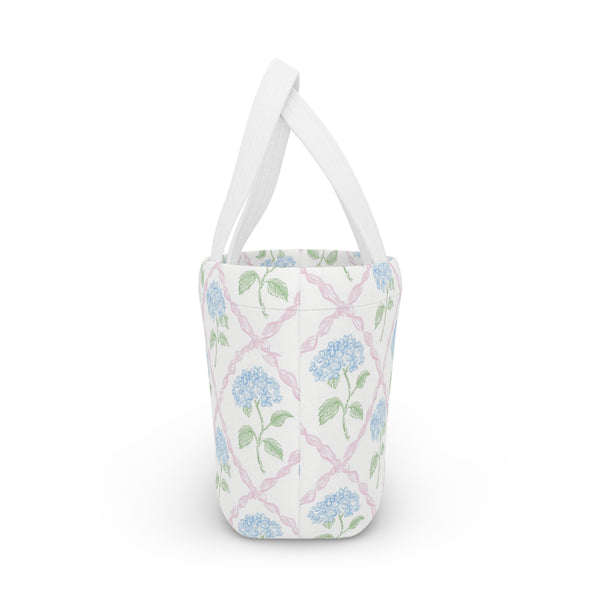 Preppy Blue Hydrangea pink ribbon lattice lunch bag, insulated, cooler bag, One size, washable, magnet closure