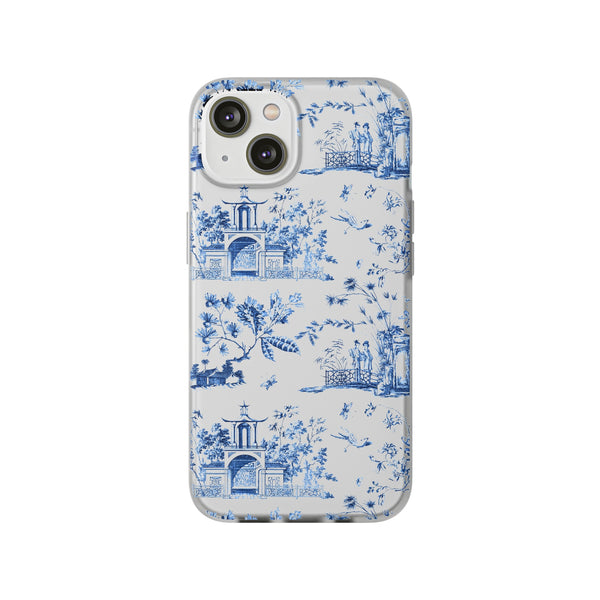 Flexible Phone Case - Chinoiserie Blue and White Toile Pagoda iPhone Samsung, White Background with Blue Toile Pattern
