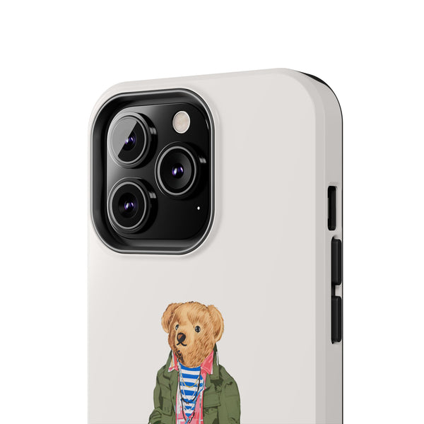 Preppy Bear Cargo Jacket iPhone case, Tough Protective double layer