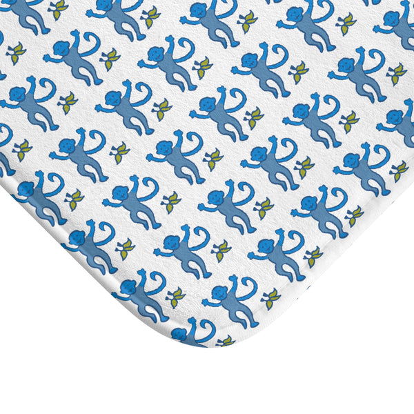 Bath Mat Chinoiserie Preppy Monkeys Blue Pattern, two sizes, anti-slip back