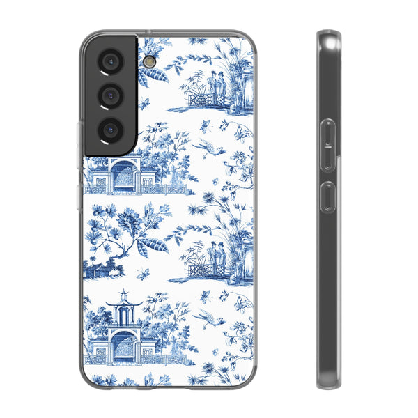 Flexible Phone Case - Chinoiserie Blue and White Toile Pagoda iPhone Samsung, White Background with Blue Toile Pattern