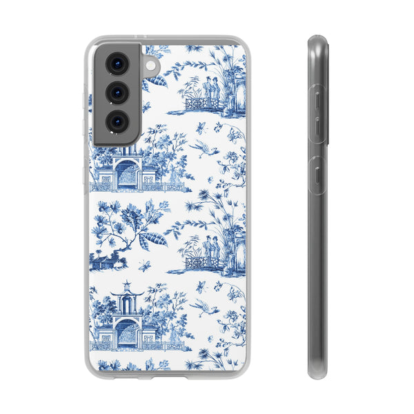 Flexible Phone Case - Chinoiserie Blue and White Toile Pagoda iPhone Samsung, White Background with Blue Toile Pattern