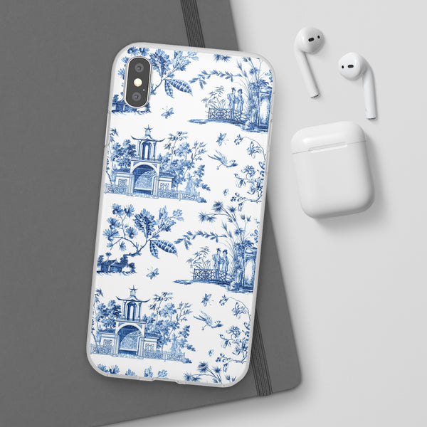 Flexible Phone Case - Chinoiserie Blue and White Toile Pagoda iPhone Samsung, White Background with Blue Toile Pattern
