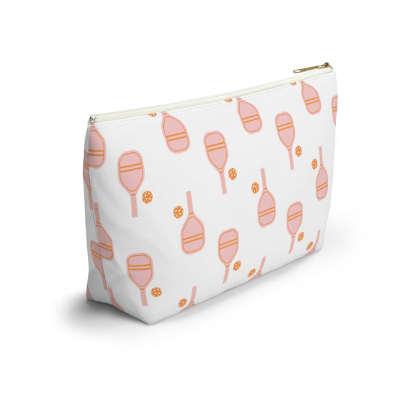 Pickleball  Bag with Zipper,  Pink and Orange, Makeup case, Clutch,   Accessory Zip Pouch Available in Two Sizes - White canvas