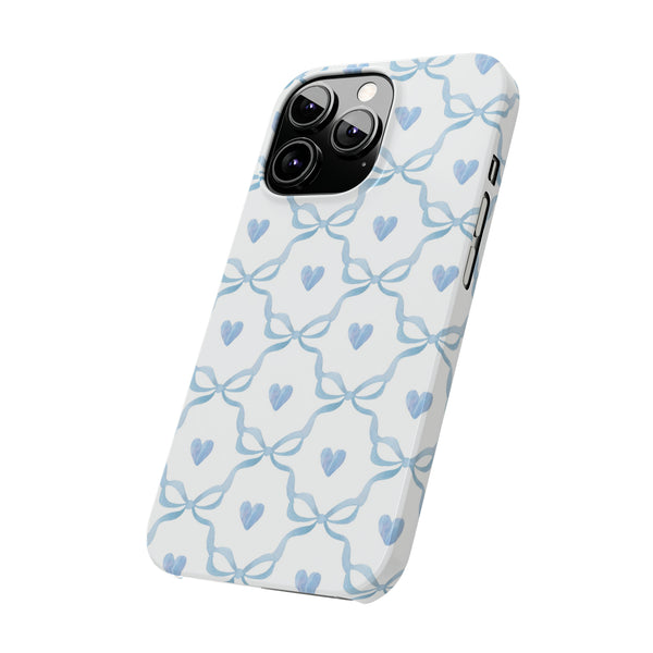 Bow and Heart Collab Print, Coquette blue and white, loveshackfancy inspired, preppy print Phone Case, all iPhone 15 14 Plus Pro Max 13