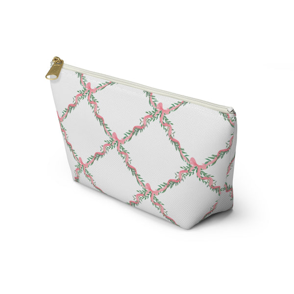 Zipper Pouch, Preppy Lattice Pink Bows - Accessory Bag Available in Two Sizes
