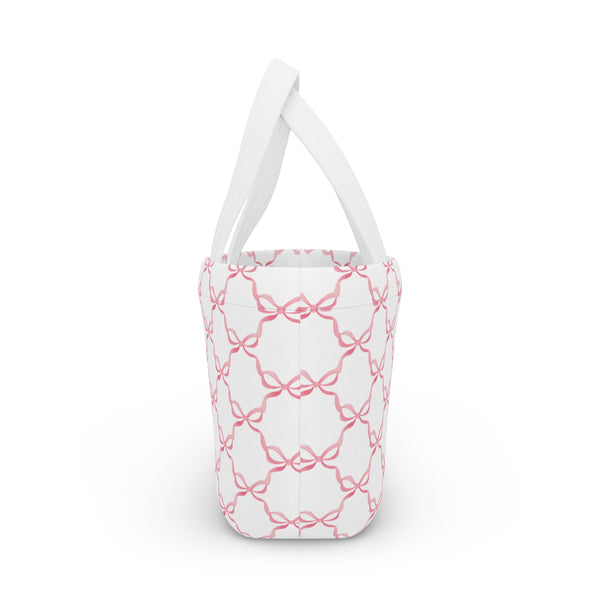 Preppy Pink Bows lunch bag, insulated, cooler bag, One size, washable, magnet closure, Choose White or Black Handle