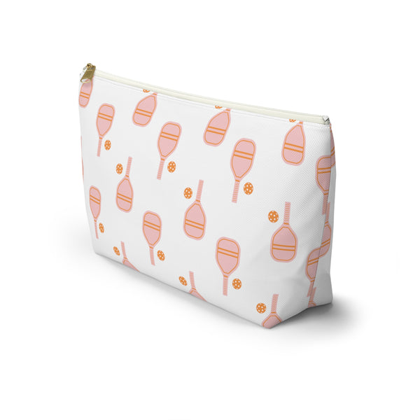Pickleball  Bag with Zipper,  Pink and Orange, Makeup case, Clutch,   Accessory Zip Pouch Available in Two Sizes - White canvas