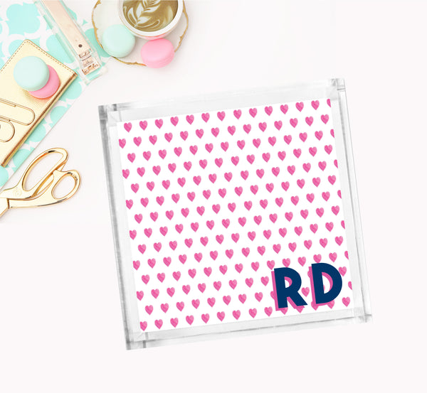 Lucite Tray - Preppy Water color Hearts Pink and White