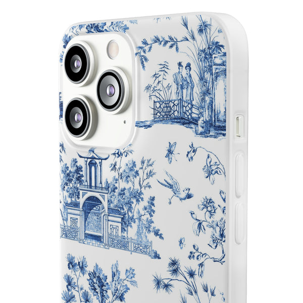 Flexible Phone Case - Chinoiserie Blue and White Toile Pagoda iPhone Samsung, White Background with Blue Toile Pattern