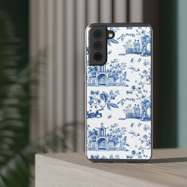 Flexible Phone Case - Chinoiserie Blue and White Toile Pagoda iPhone Samsung, White Background with Blue Toile Pattern