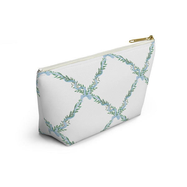 Zipper Pouch, Preppy Lattice Blue Bows - Accessory Bag Available in Two Sizes