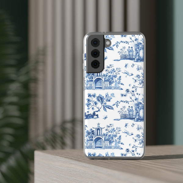 Flexible Phone Case - Chinoiserie Blue and White Toile Pagoda iPhone Samsung, White Background with Blue Toile Pattern