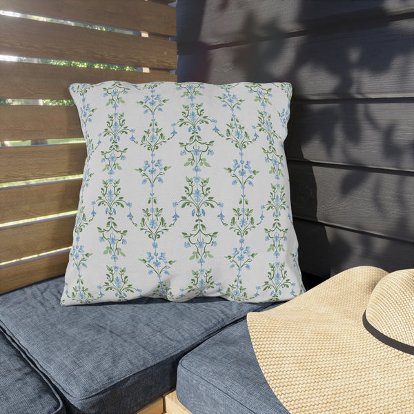 Blue Preppy Floral Outdoor Pillows, Grand Millennial Design, Block Print, Patio Cushion Covers, Choose from 4 Sizes