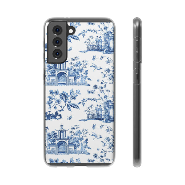 Flexible Phone Case - Chinoiserie Blue and White Toile Pagoda iPhone Samsung, White Background with Blue Toile Pattern