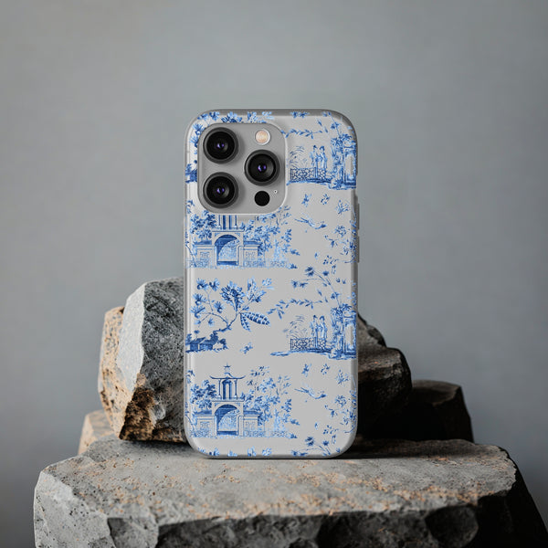 Flexible Phone Case - Chinoiserie Blue and White Toile Pagoda iPhone Samsung, White Background with Blue Toile Pattern