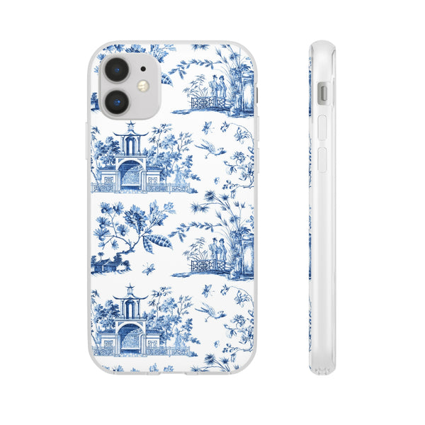 Flexible Phone Case - Chinoiserie Blue and White Toile Pagoda iPhone Samsung, White Background with Blue Toile Pattern