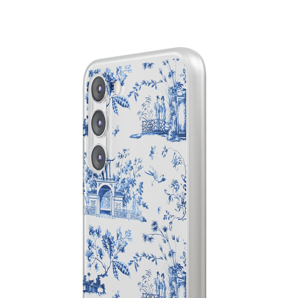 Flexible Phone Case - Chinoiserie Blue and White Toile Pagoda iPhone Samsung, White Background with Blue Toile Pattern