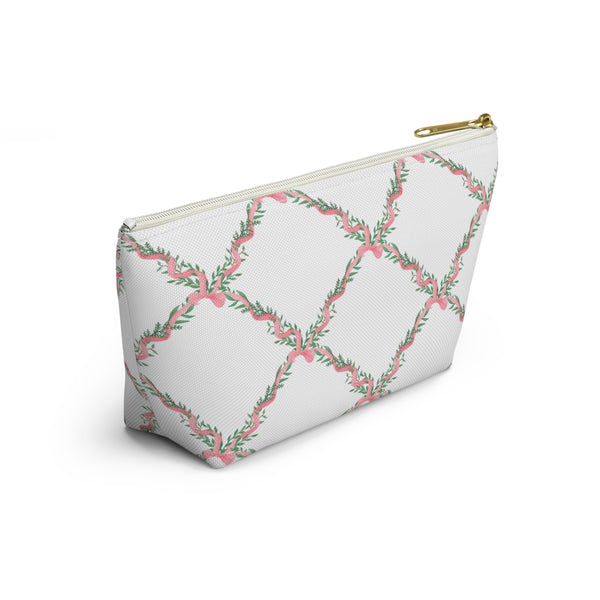 Zipper Pouch, Preppy Lattice Pink Bows - Accessory Bag Available in Two Sizes