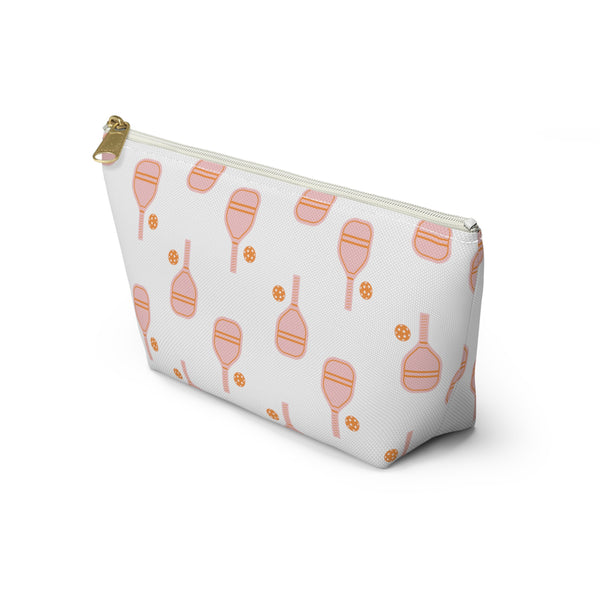 Pickleball  Bag with Zipper,  Pink and Orange, Makeup case, Clutch,   Accessory Zip Pouch Available in Two Sizes - White canvas