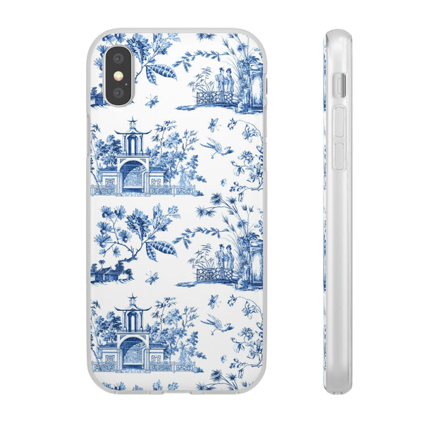 Flexible Phone Case - Chinoiserie Blue and White Toile Pagoda iPhone Samsung, White Background with Blue Toile Pattern